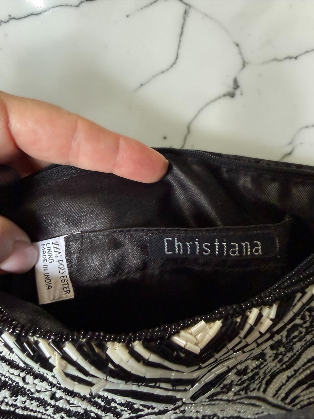 Christina Hand Beaded Crossbody Bag Black White Geometric Boho Zip Top Purse - Picture 3 of 8
